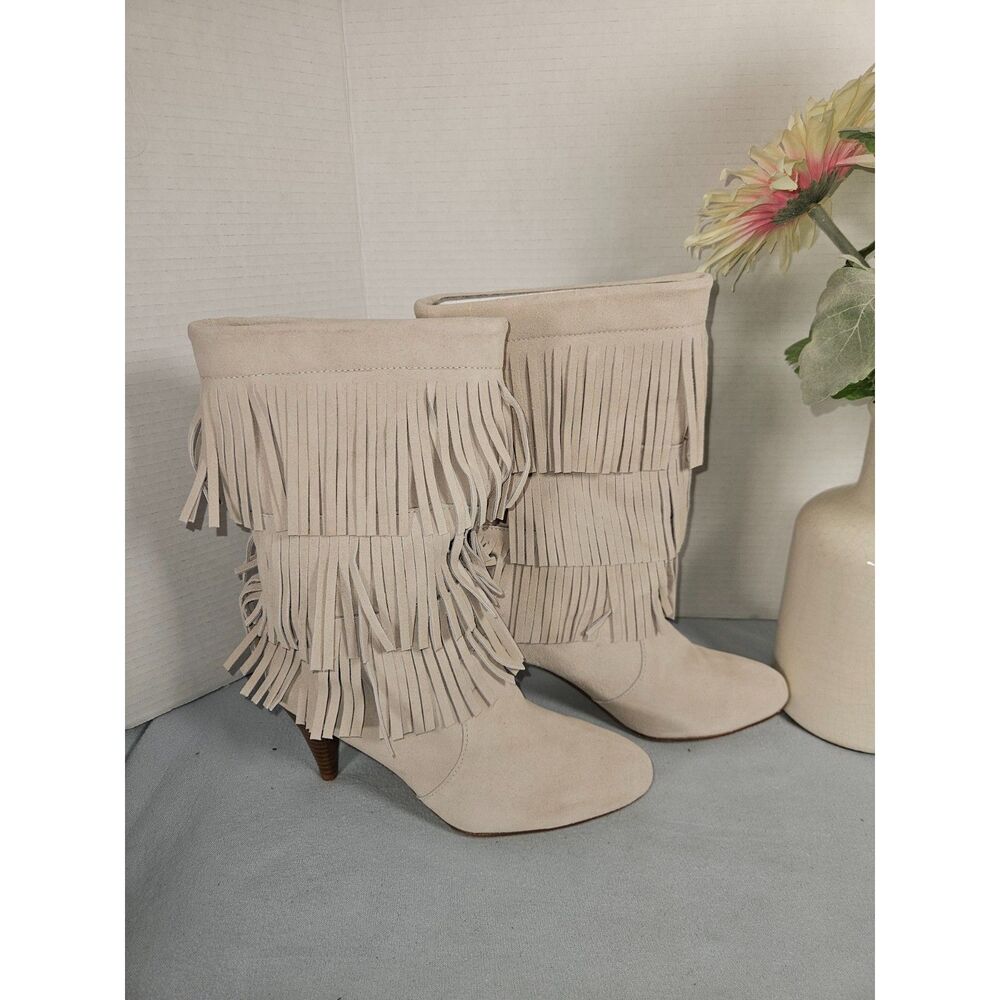 Chinese Laundry Beige Suede Tiered Fringe Heeled Ankle Boots Women's Size 10M